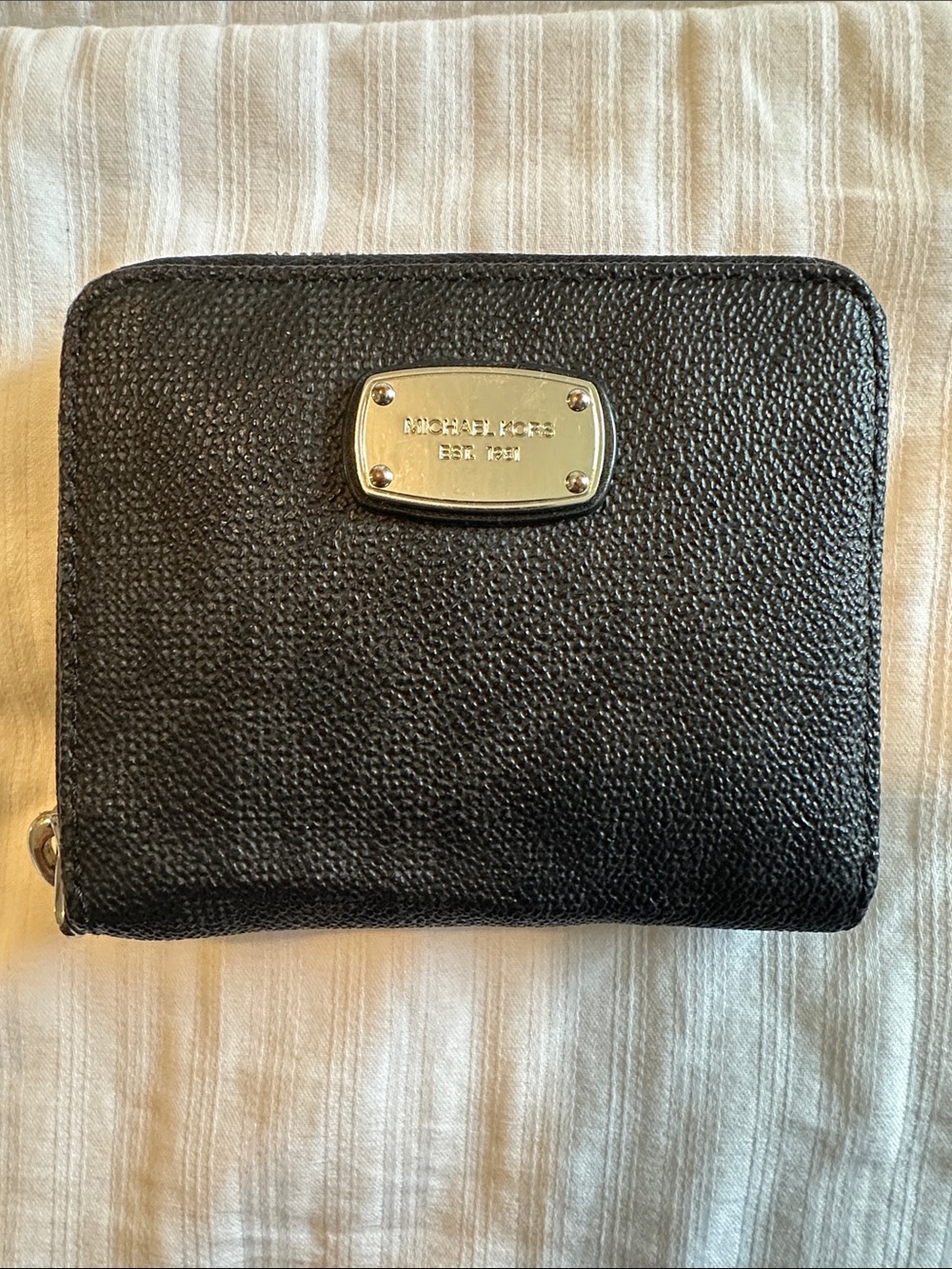 Michael Kors Black Pebbled Leather Zip-Around Card Holder with Silver Plaque